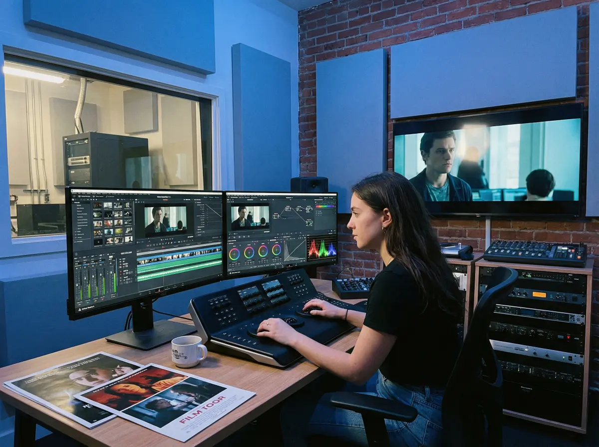 年轻剪辑师在后期工作室工作的 情深叉 故事